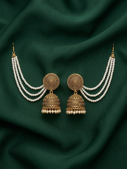 Gold Plated Dome Shaped Jhumkas With Pearls Layered Chain