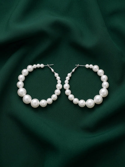 Silver Tonded Beautiful Pearls Balli Hoops For Women