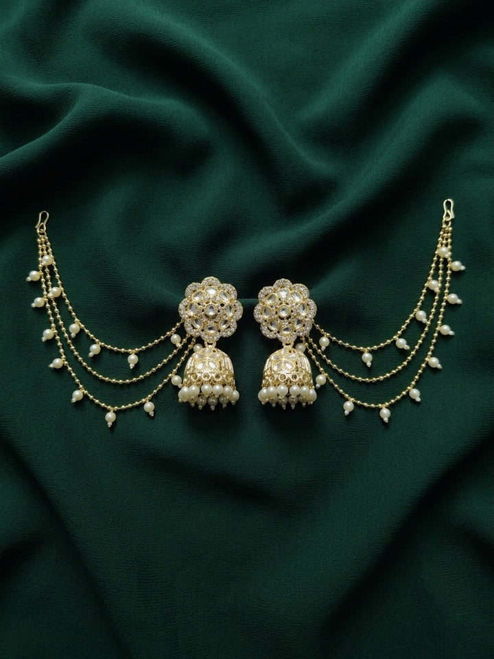 Kundan Studded And Pearls Beaded Dome Shaped Jhumkas With Chain