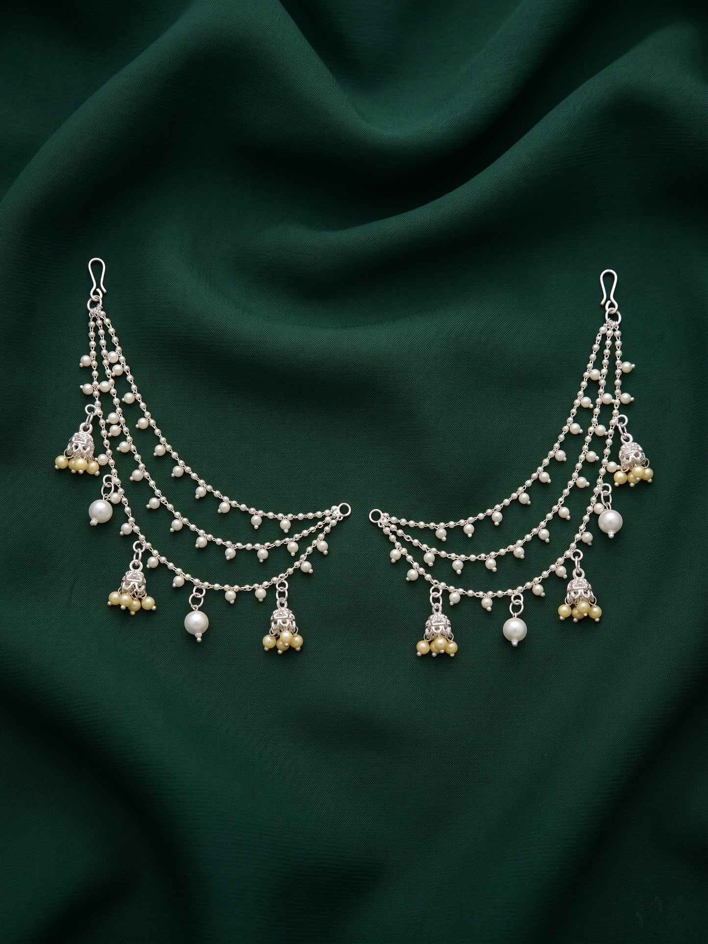 Silver Plated Classic Layered Pearl Earchain With Jhumki Studded
