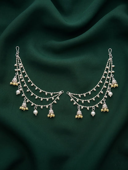 Silver Plated Classic Layered Pearl Earchain With Jhumki Studded