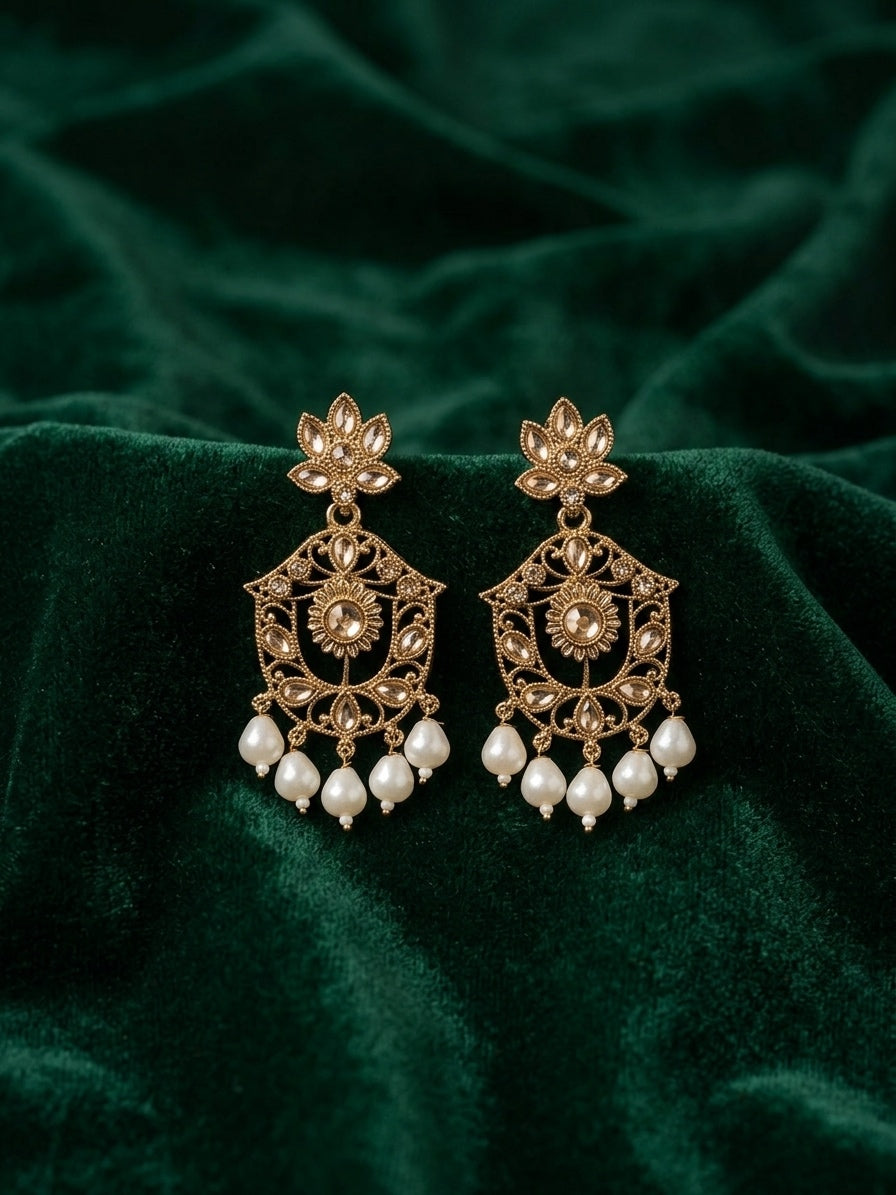 Gold Plated Fancy Kundan &amp; Beaded Earrings