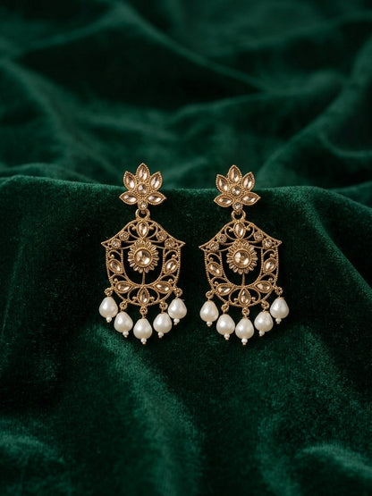 Gold Plated Fancy Kundan & Beaded Earrings
