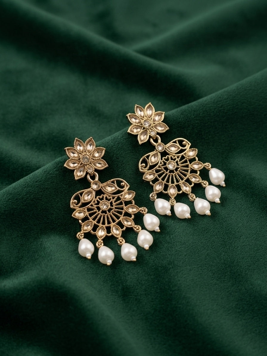 Gold Plated Fancy Kundan &amp; Beaded Earrings