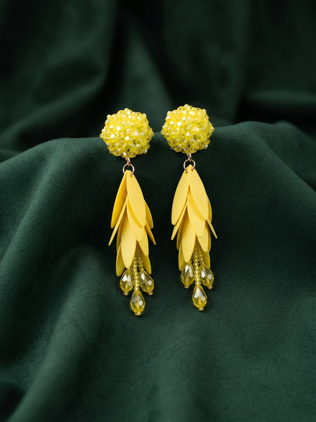 Yellow Beaded Statement Drop Earrings with Layered Petal Design for Women