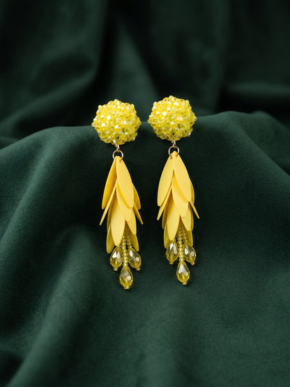 Yellow Beaded Statement Drop Earrings with Layered Petal Design for Women