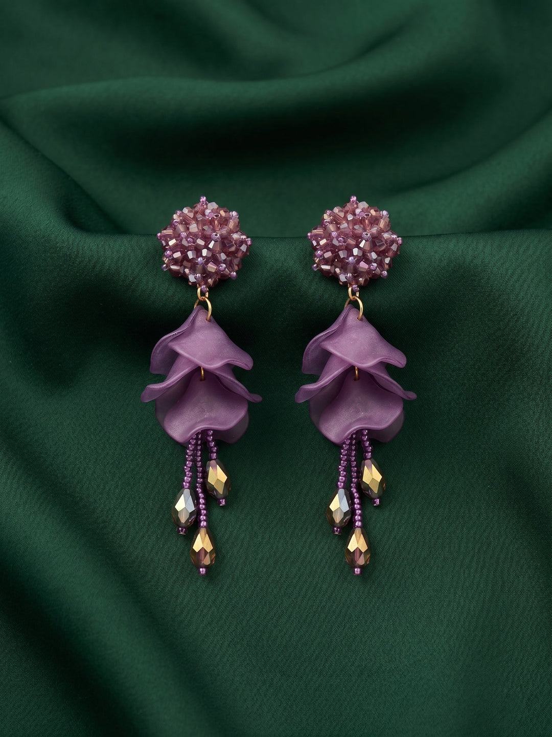 Purple Beaded Statement Drop Earrings with Layered Petal Design for Women