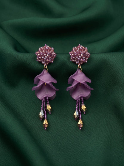 Purple Beaded Statement Drop Earrings with Layered Petal Design for Women