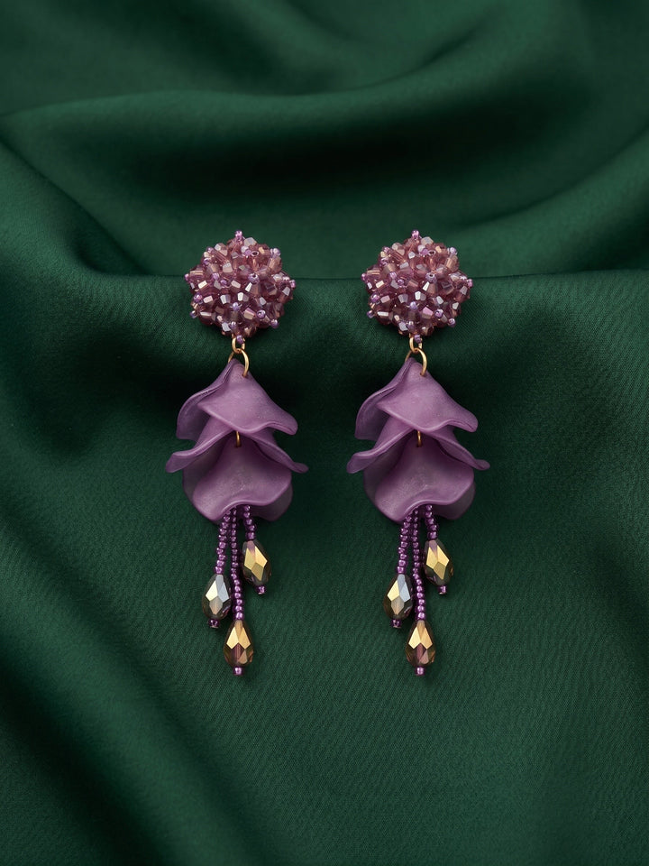 Purple Beaded Statement Drop Earrings with Layered Petal Design for Women