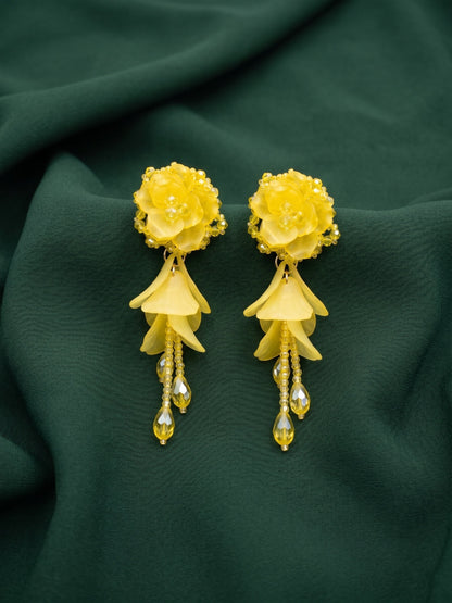 Yellow Floral Beaded Statement Drop Earrings with Layered Petal Design for Women