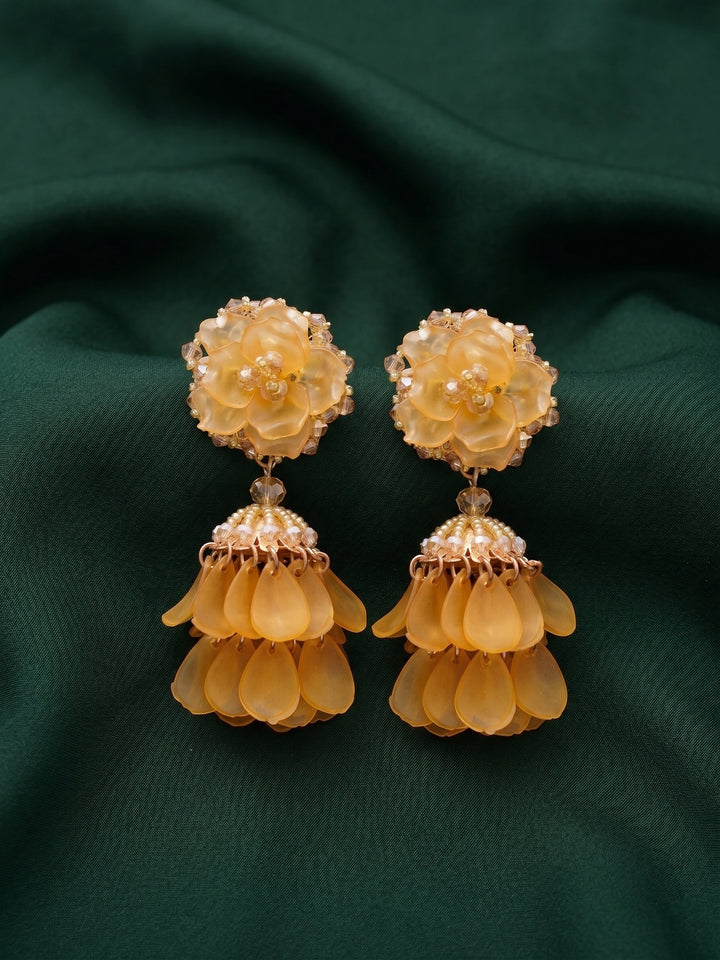 Yellow Beaded Statement Drop Earrings with Layered Dangler Design for Women