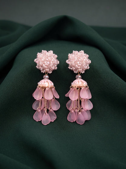 Pink Beaded Statement Drop Earrings with Layered Dangler Design for Women