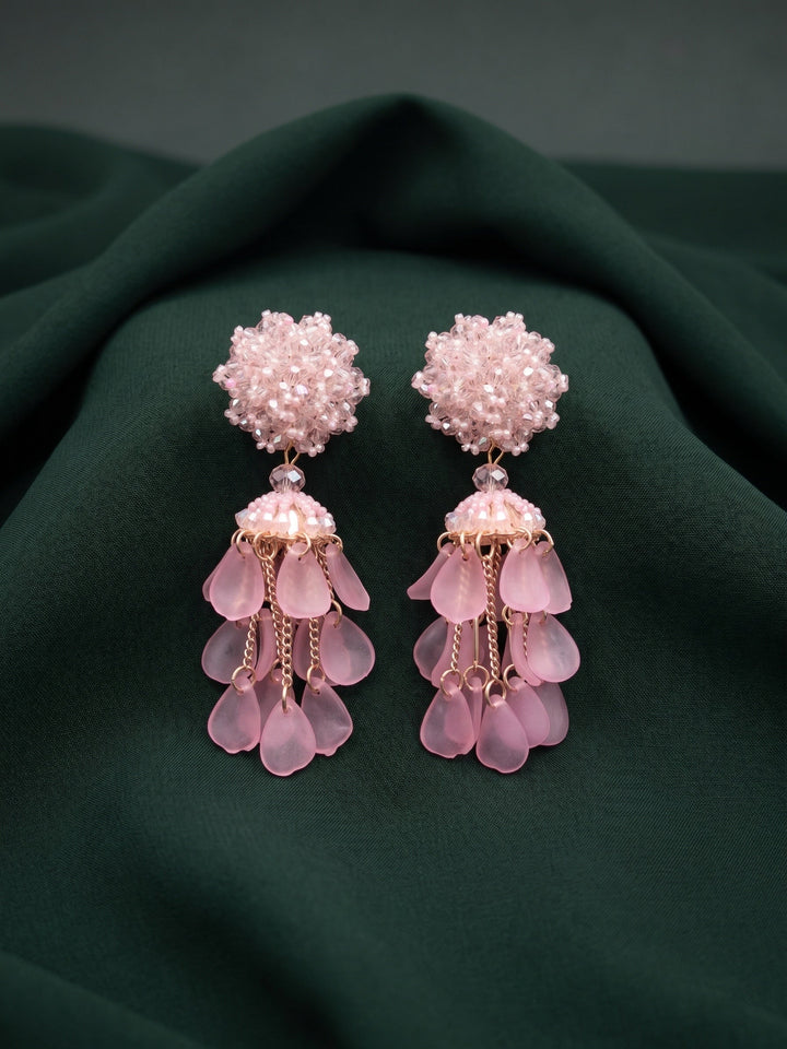 Pink Beaded Statement Drop Earrings with Layered Dangler Design for Women