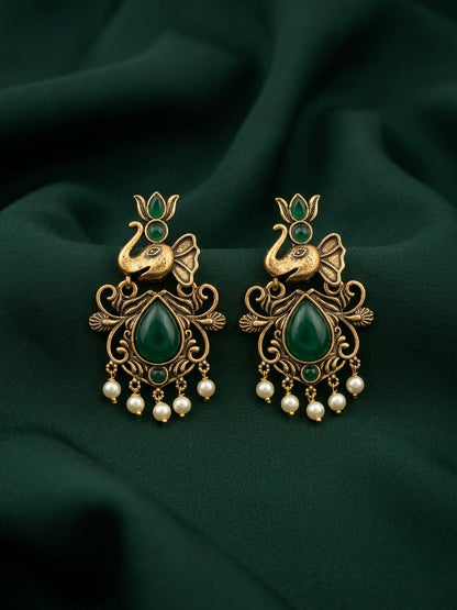 Women Gold-Toned Ethnic Elephant Motif Drop Earrings with Green Stones & Pearls