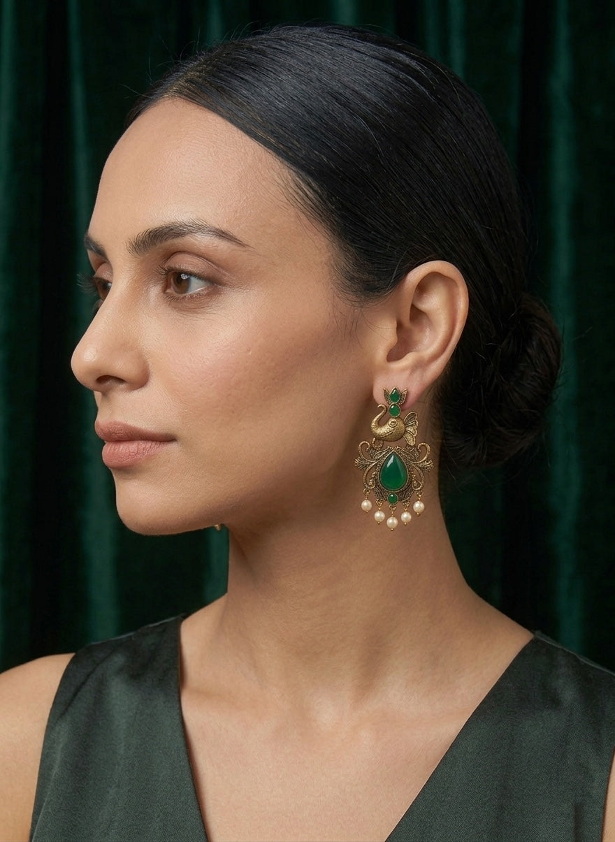 Women Gold-Toned Ethnic Elephant Motif Drop Earrings with Green Stones &amp; Pearls