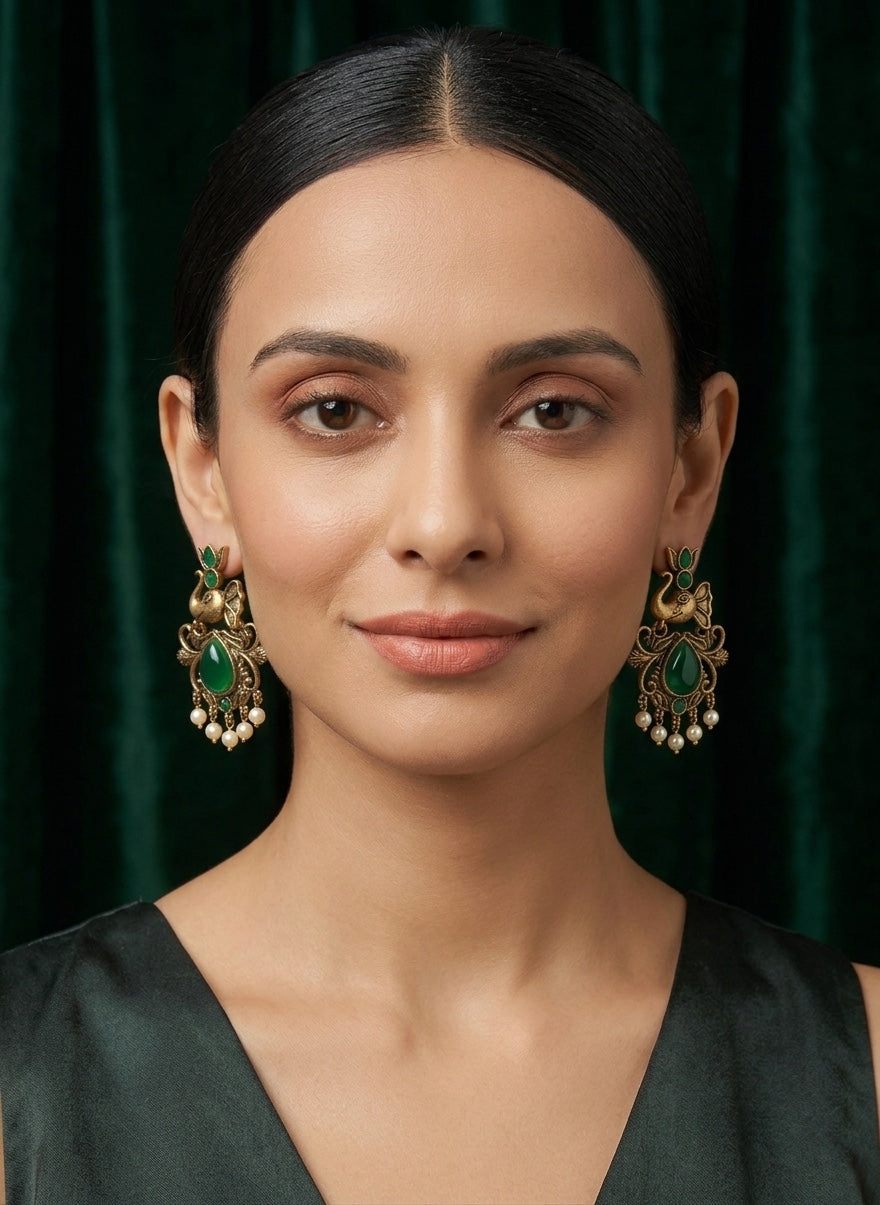 Women Gold-Toned Ethnic Elephant Motif Drop Earrings with Green Stones &amp; Pearls