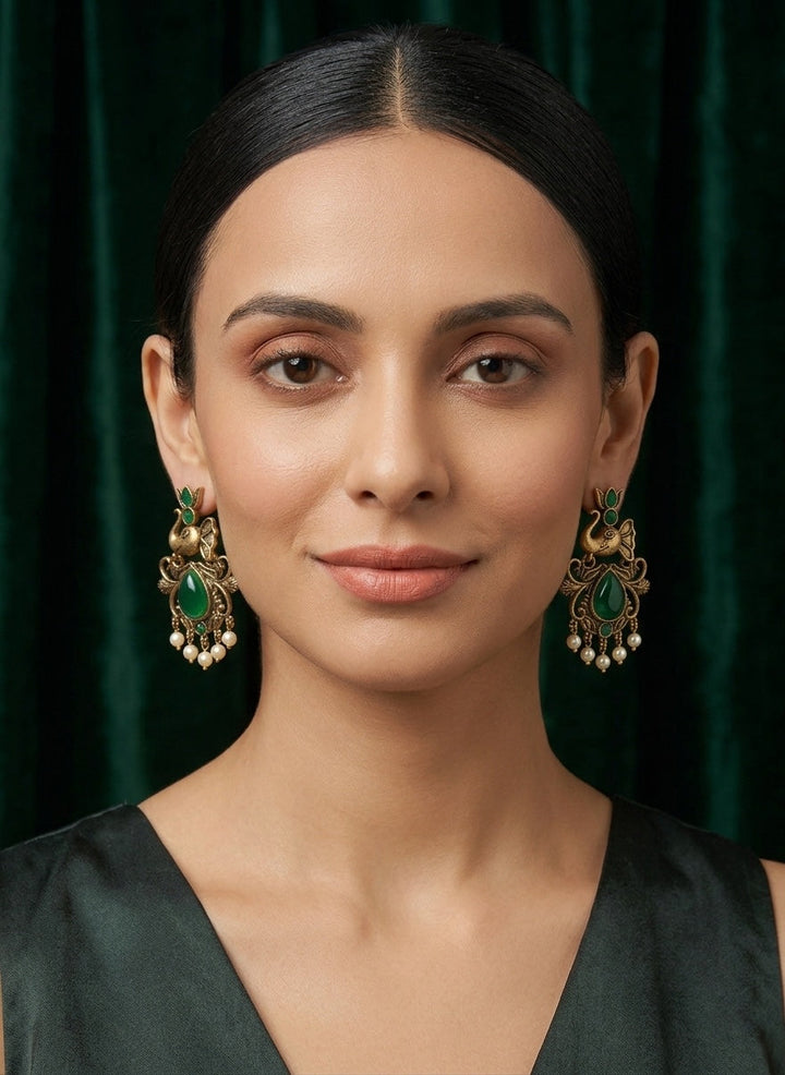 Women Gold-Toned Ethnic Elephant Motif Drop Earrings with Green Stones &amp; Pearls