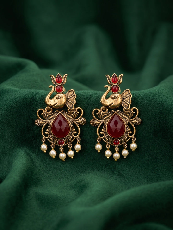 Women Gold-Toned Ethnic Elephant Motif Drop Earrings with Maroon Stones &amp; Pearls