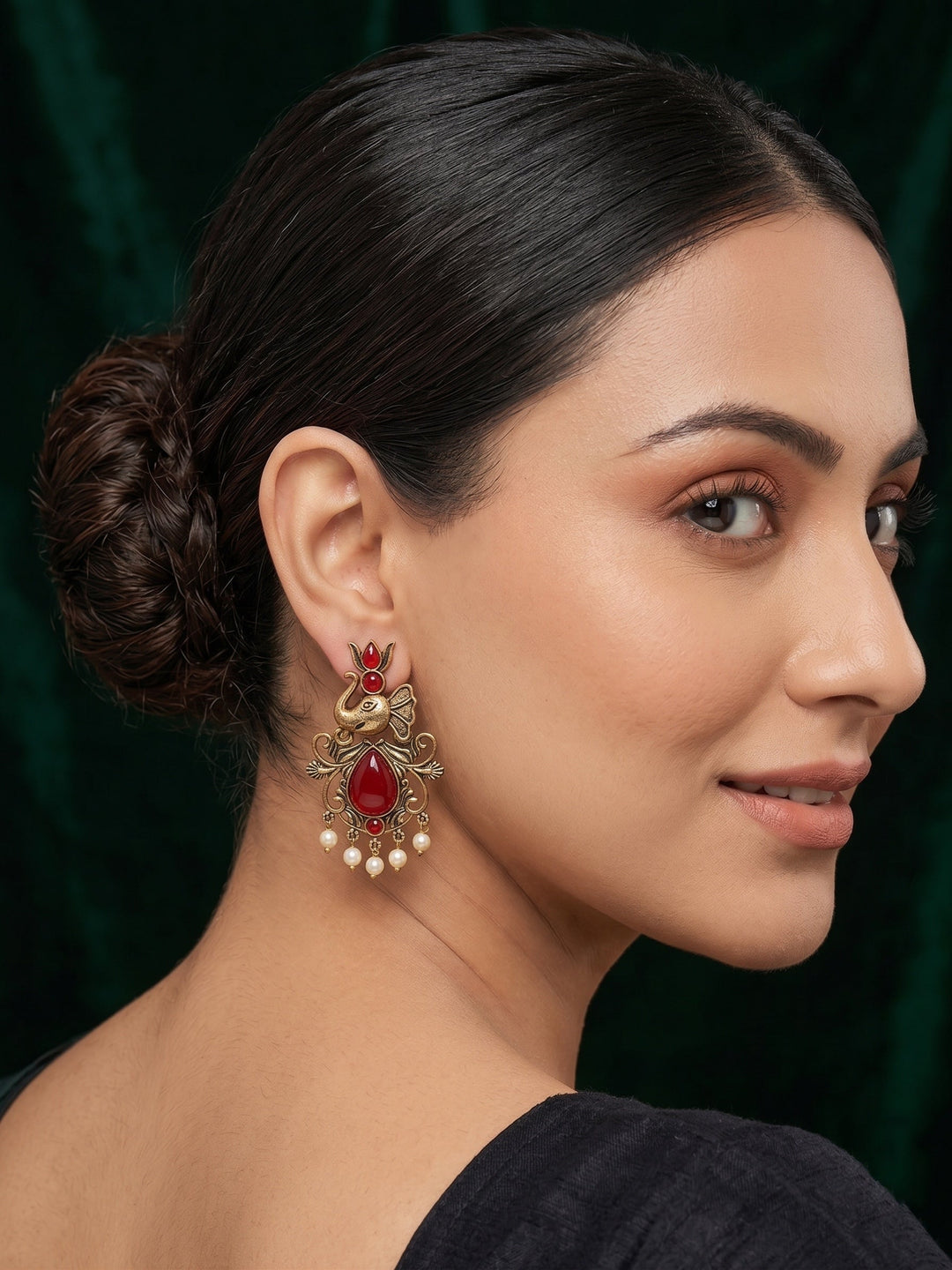 Women Gold-Toned Ethnic Elephant Motif Drop Earrings with Maroon Stones &amp; Pearls