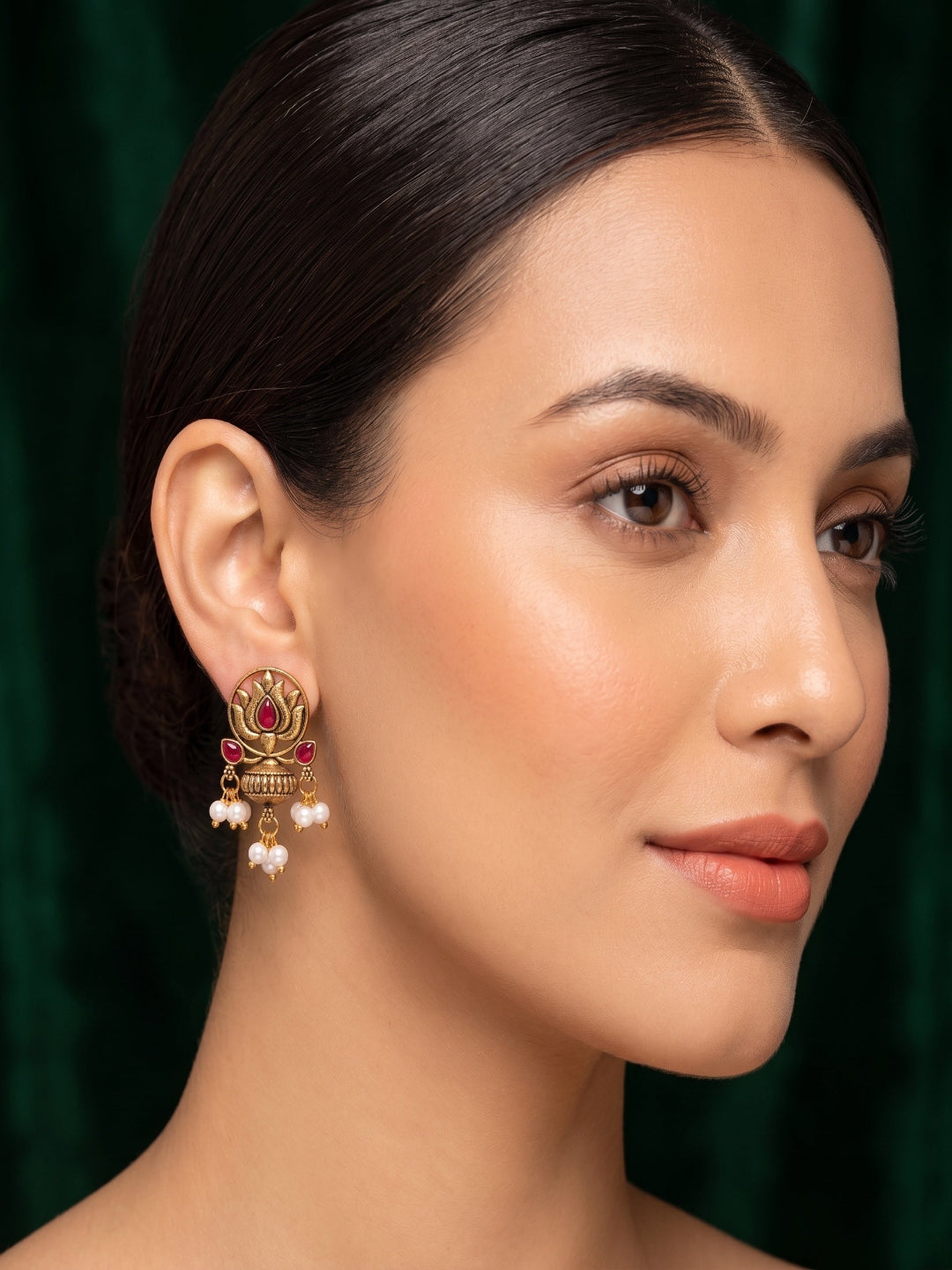 Women Antique Gold-Plated Lotus Motif Stud Earrings with Pink Stones &amp; Pearl