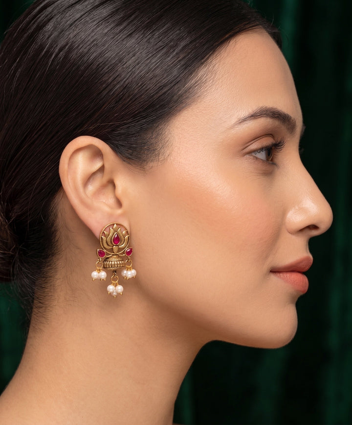 Women Antique Gold-Plated Lotus Motif Stud Earrings with Pink Stones &amp; Pearl