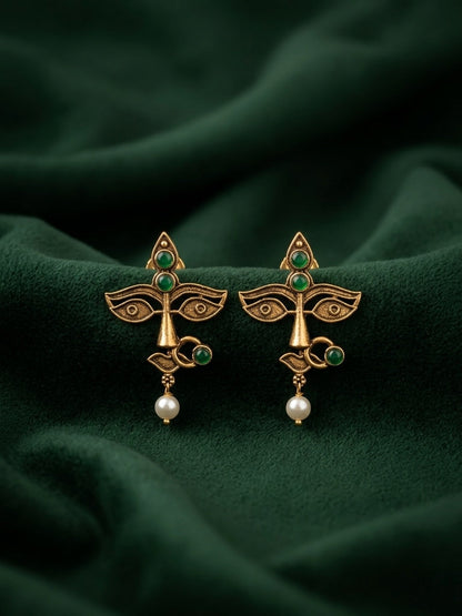 Women Antique Gold-Plated Goddess Durga Face Stud Earrings with Green Stones & Pearls