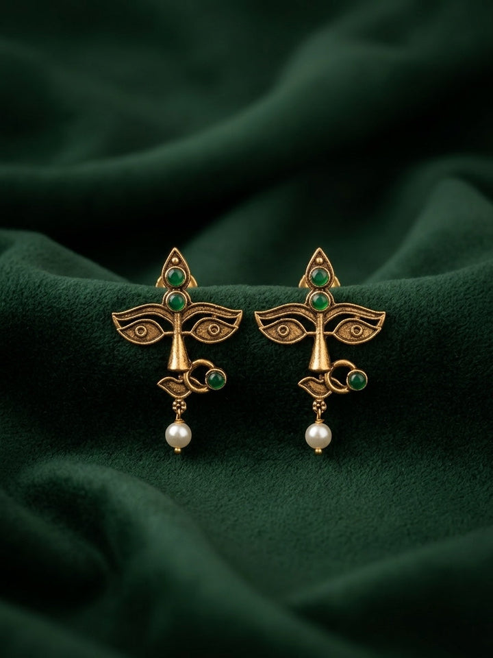 Women Antique Gold-Plated Goddess Durga Face Stud Earrings with Green Stones &amp; Pearls