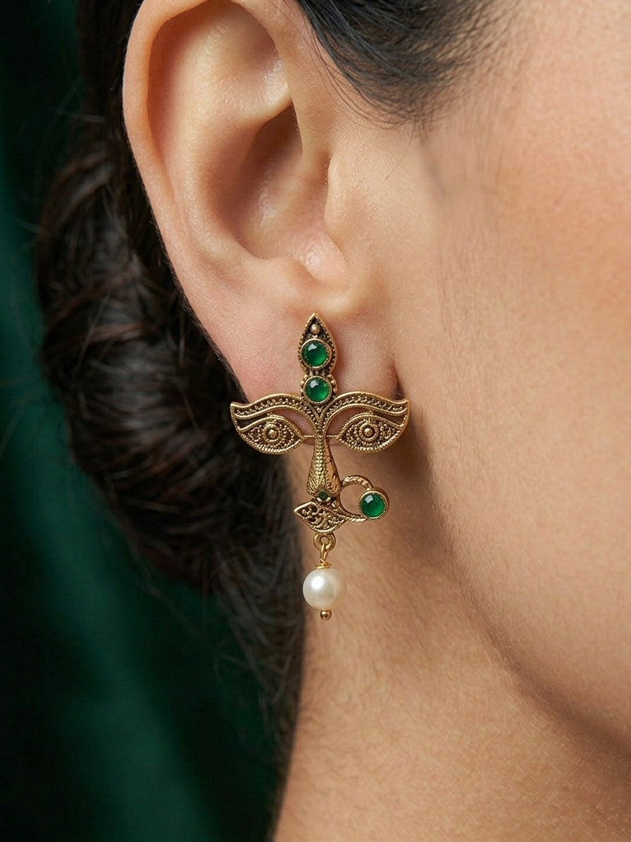 Women Antique Gold-Plated Goddess Durga Face Stud Earrings with Green Stones &amp; Pearls