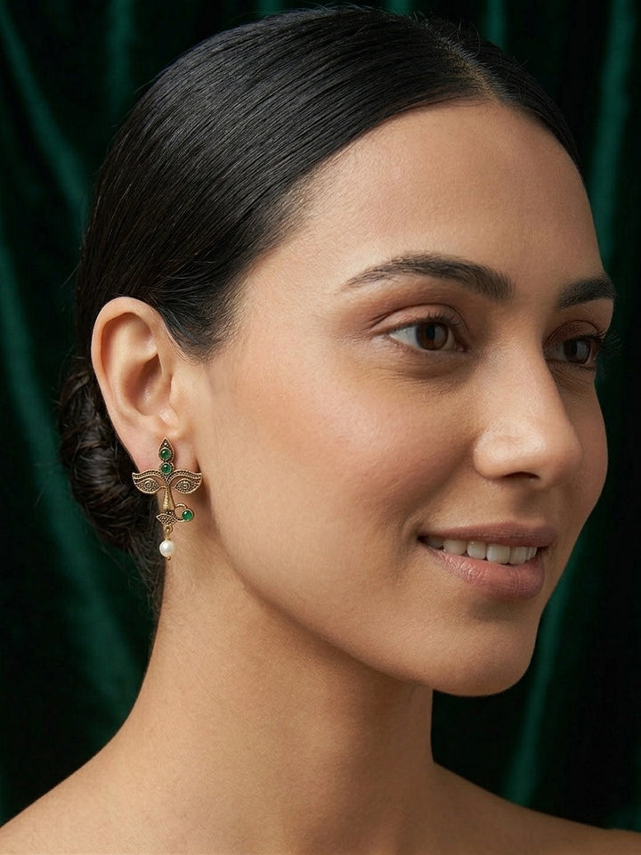 Women Antique Gold-Plated Goddess Durga Face Stud Earrings with Green Stones &amp; Pearls