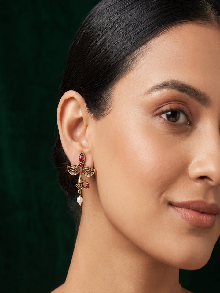 Women Antique Gold-Plated Goddess Durga Face Stud Earrings with Green Stones &amp; Pearls