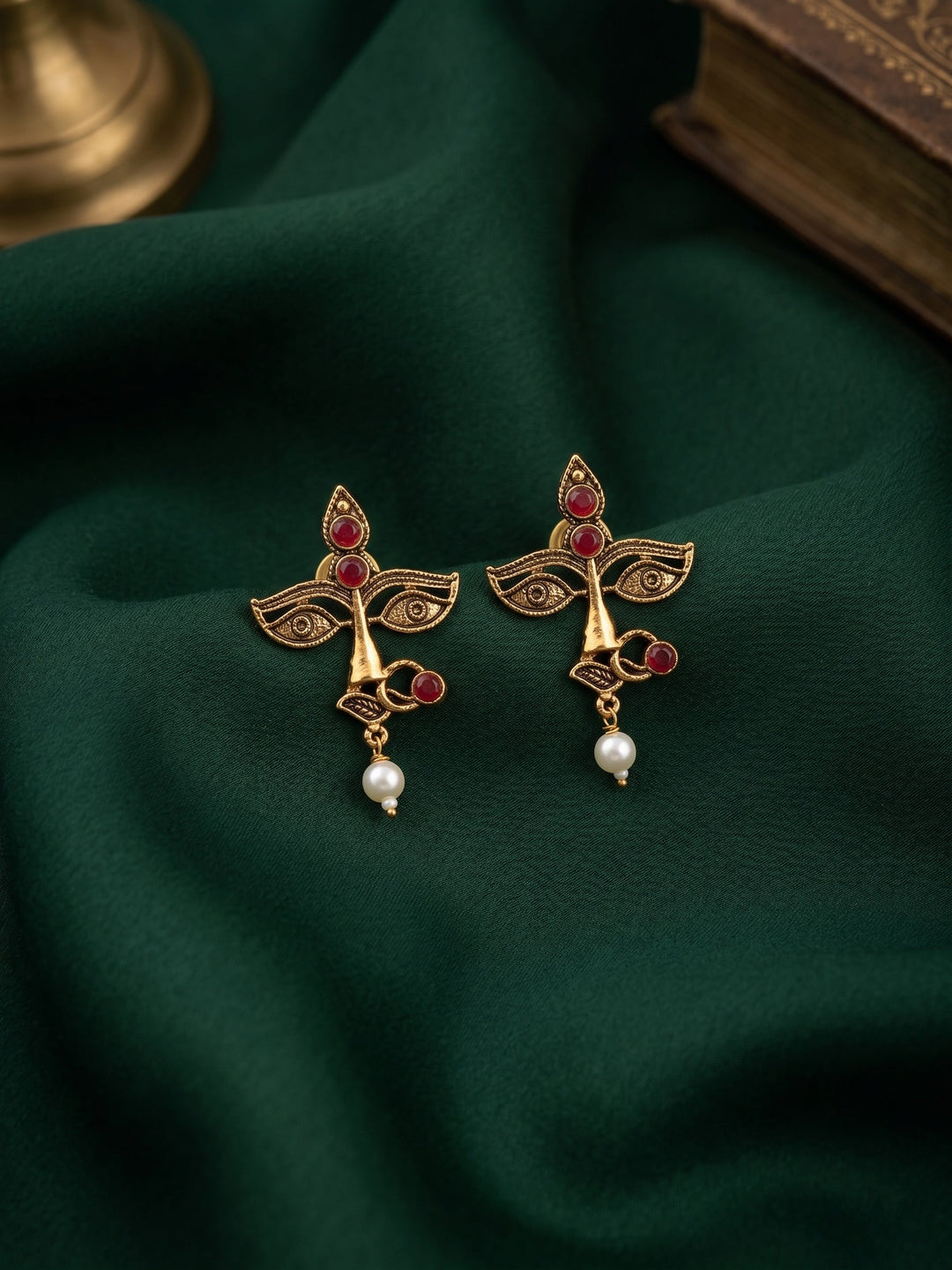 Women Antique Gold-Plated Goddess Durga Face Stud Earrings with Green Stones &amp; Pearls