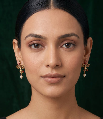 Women Antique Gold-Plated Goddess Durga Face Stud Earrings with Green Stones & Pearls