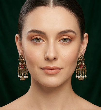 Gold Plated Stylish Fancy Stone Kashmiri Drop Earrings
