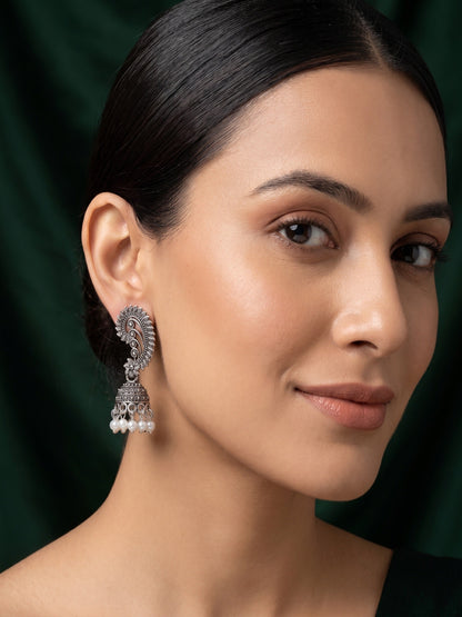 Silver Plated Oxidized With Beaded Traditional Earrings
