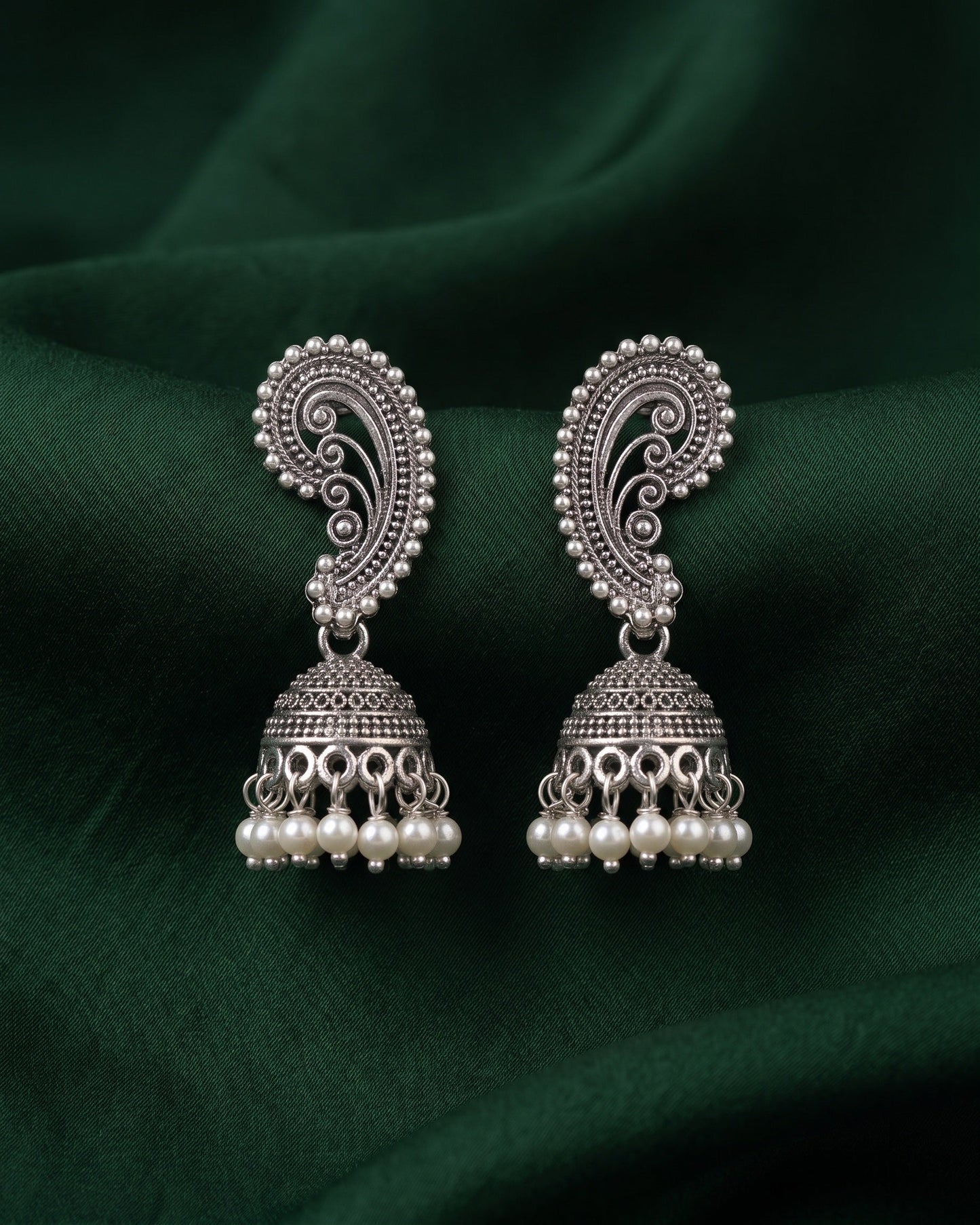Silver Plated Oxidized With Beaded Traditional Earrings