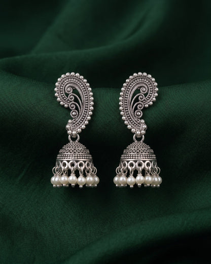 Silver Plated Oxidized With Beaded Traditional Earrings
