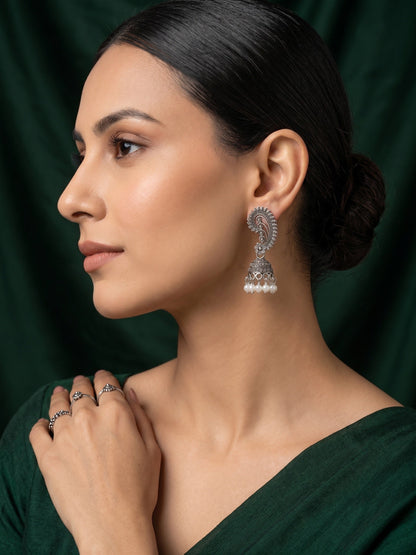 Silver Plated Oxidized With Beaded Traditional Earrings