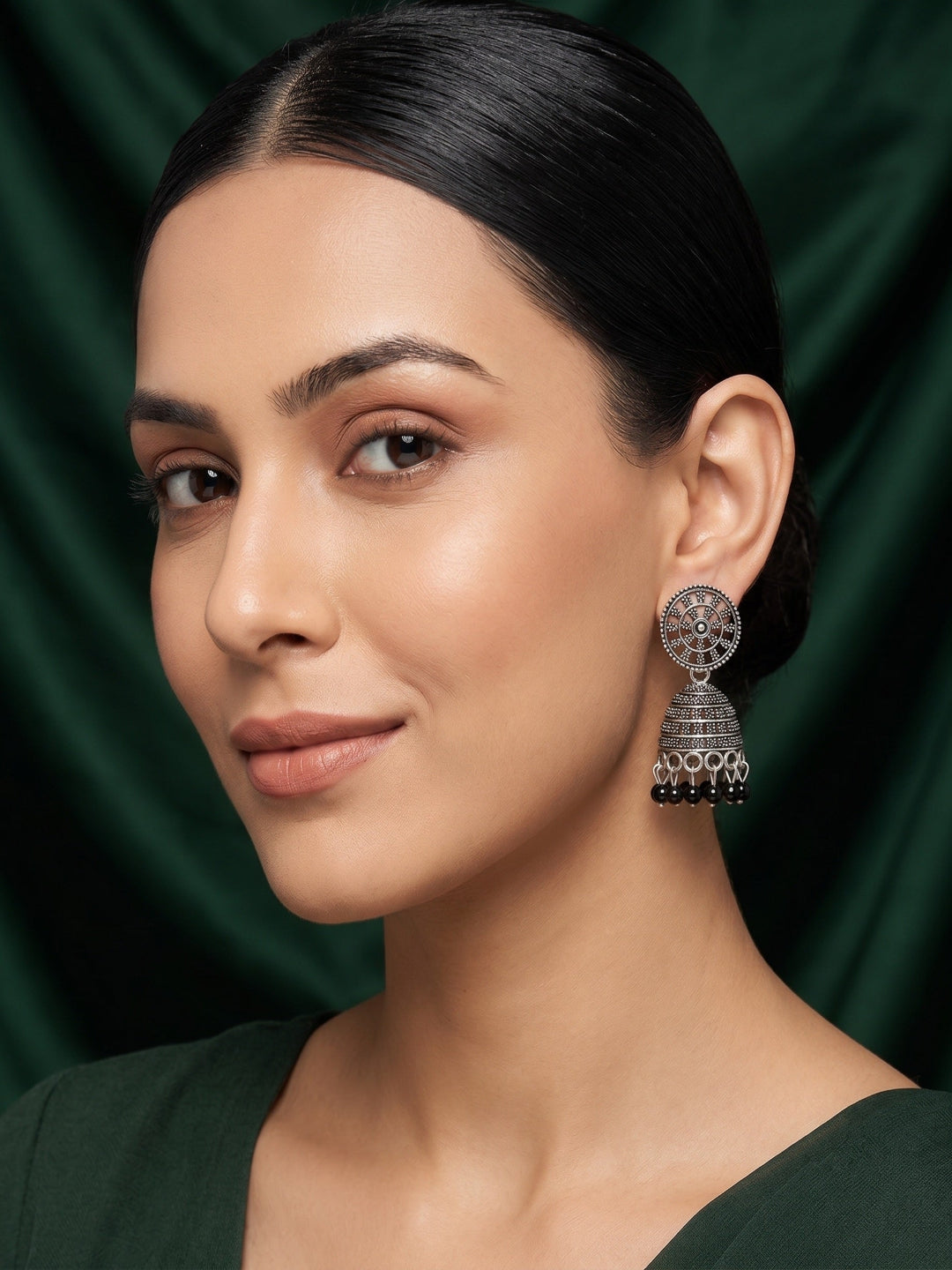 Silver Plated Oxidized With Beaded Traditional Jhumka