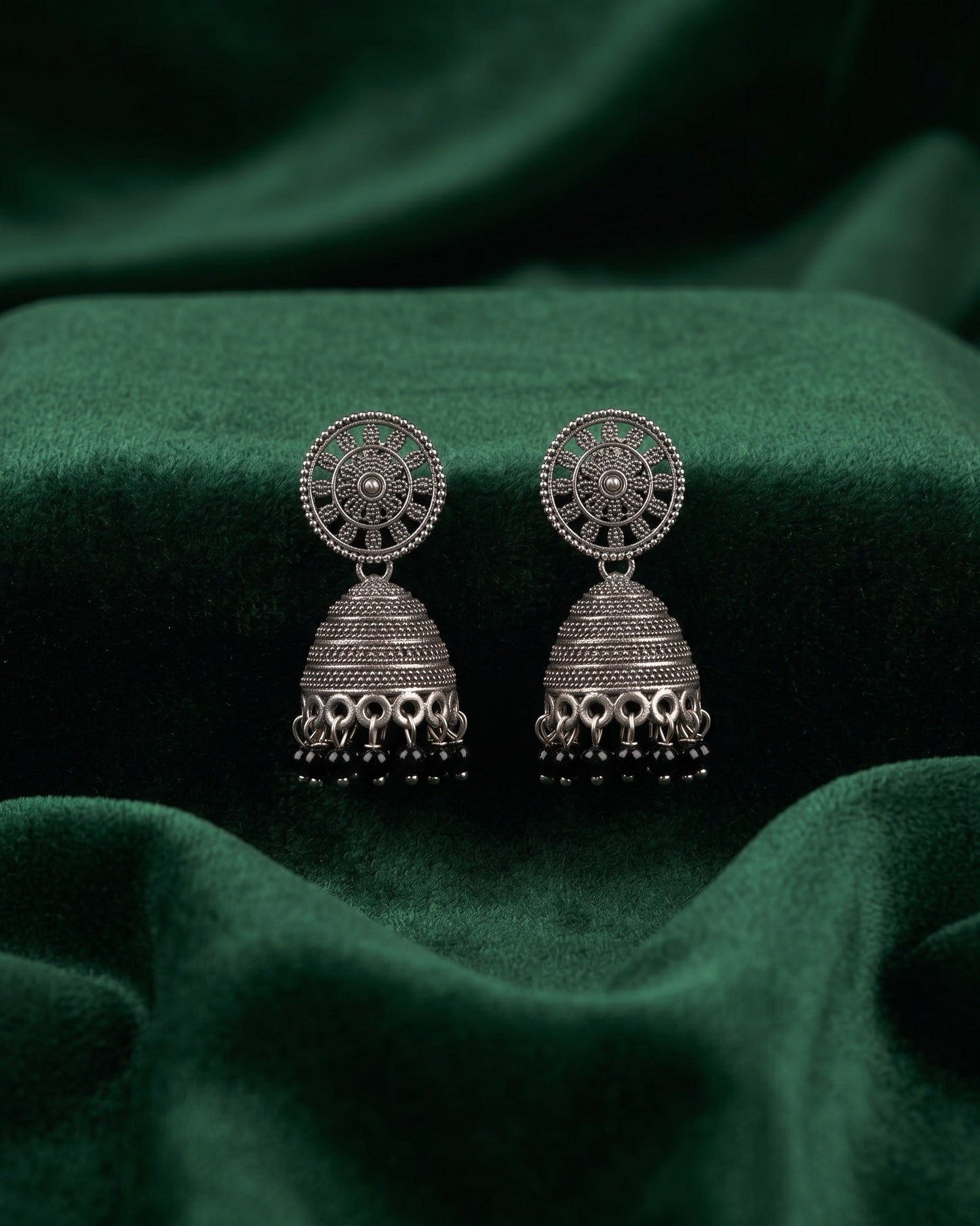 Silver Plated Oxidized With Beaded Traditional Jhumka