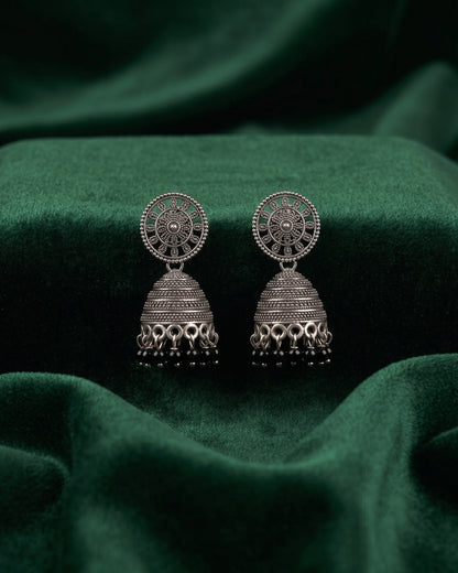 Silver Plated Oxidized With Beaded Traditional Jhumka