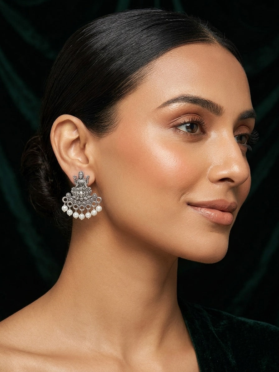 Silver Plated Oxidized With Beaded Traditional Earrings