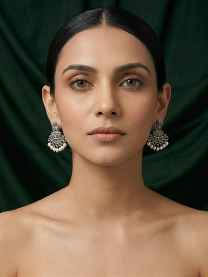 Silver Plated Oxidized With Beaded Traditional Earrings
