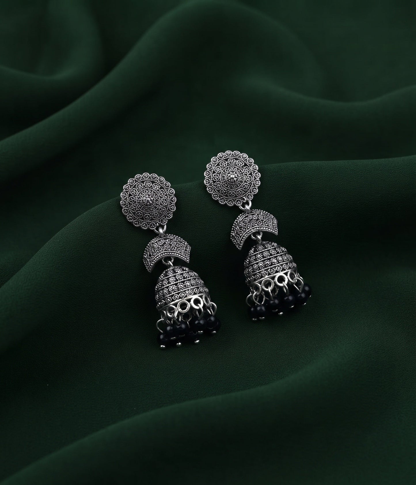 Silver Plated Oxidized With Beaded Traditional Jhumka