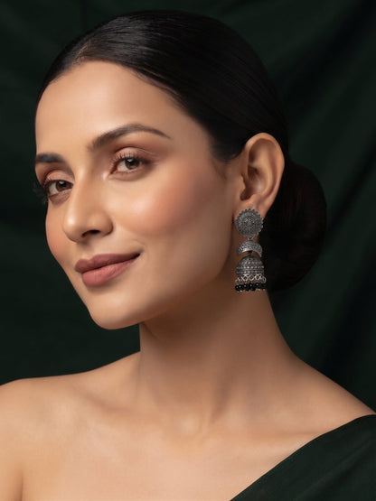 Silver Plated Oxidized With Beaded Traditional Jhumka