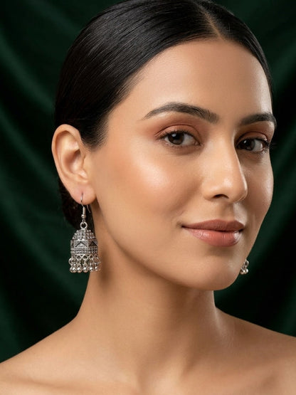 Silver Plated Oxidized With Beaded Jhumka