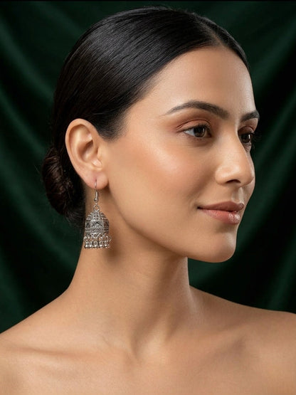 Silver Plated Oxidized With Beaded Jhumka