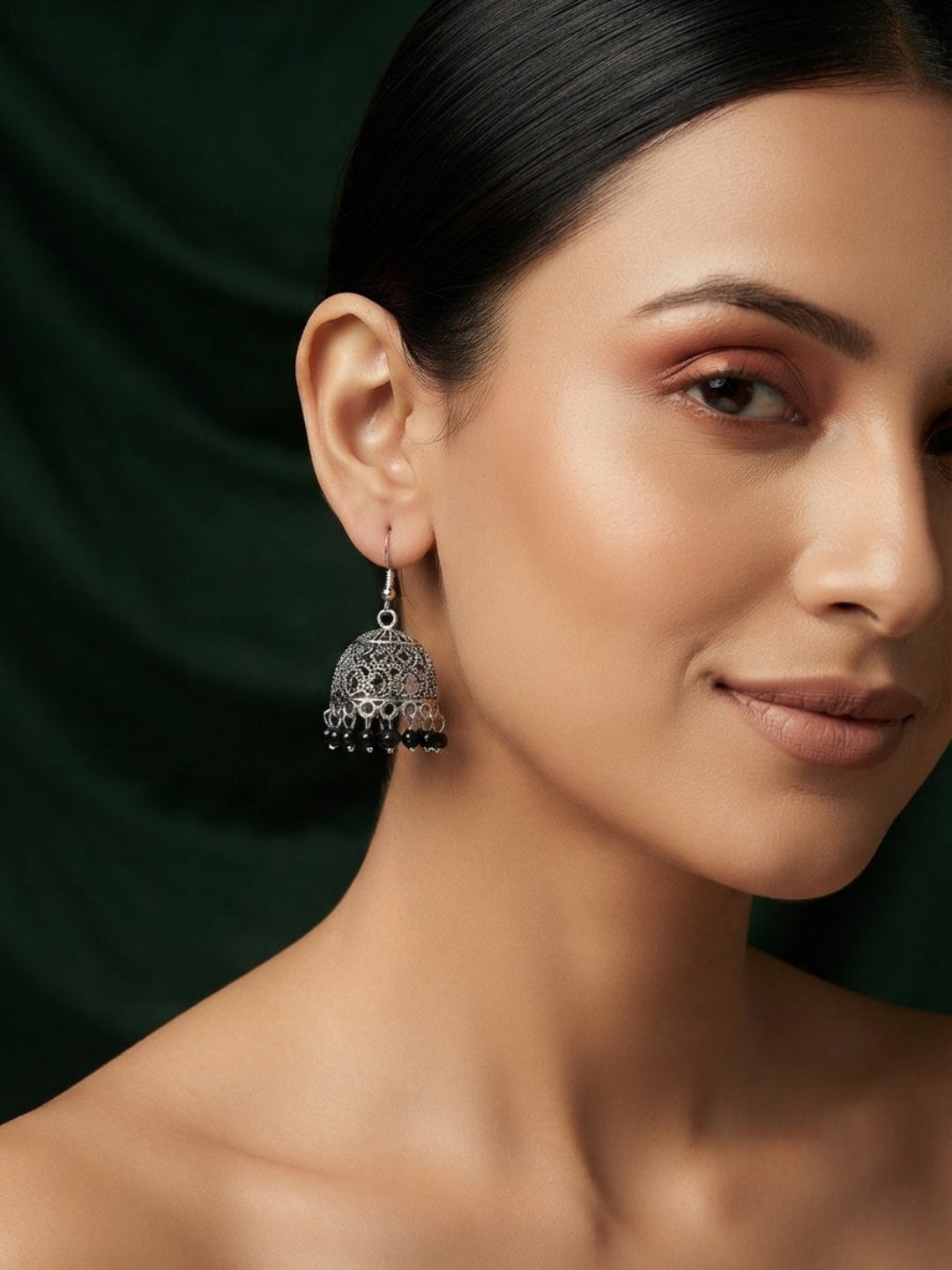Silver Plated Oxidized With Beaded Jhumka