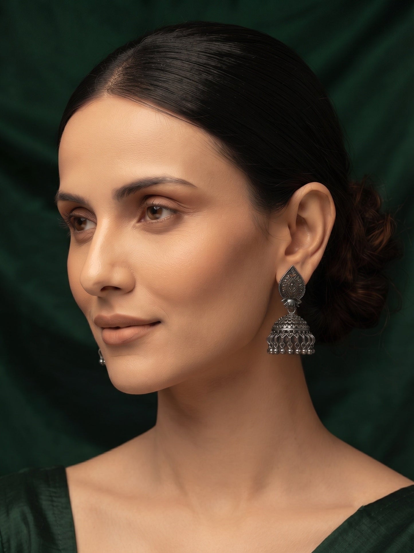 Silver Plated Oxidized With Beaded Jhumka