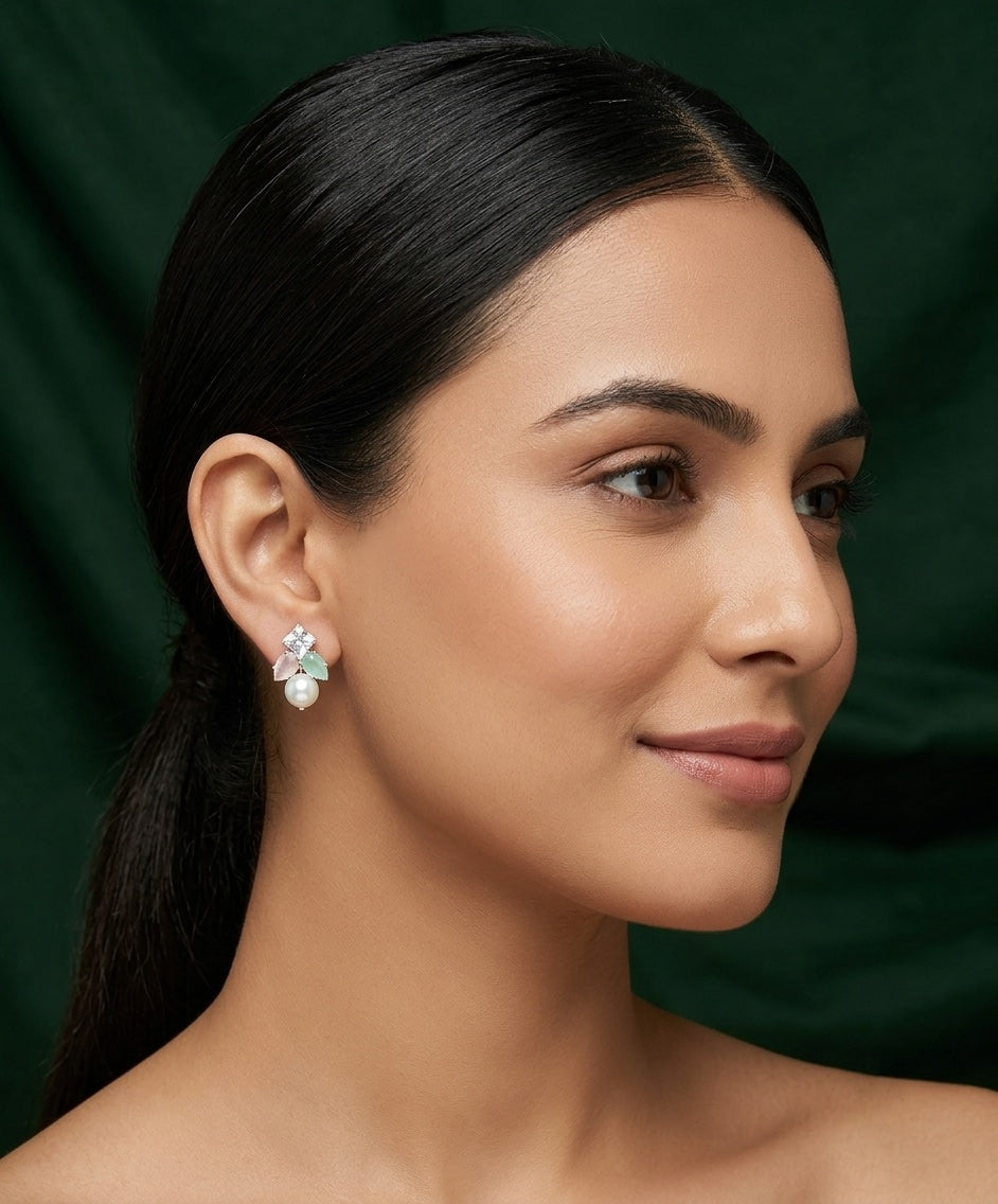 Silver Plated Diamond Fancy Flower Studs