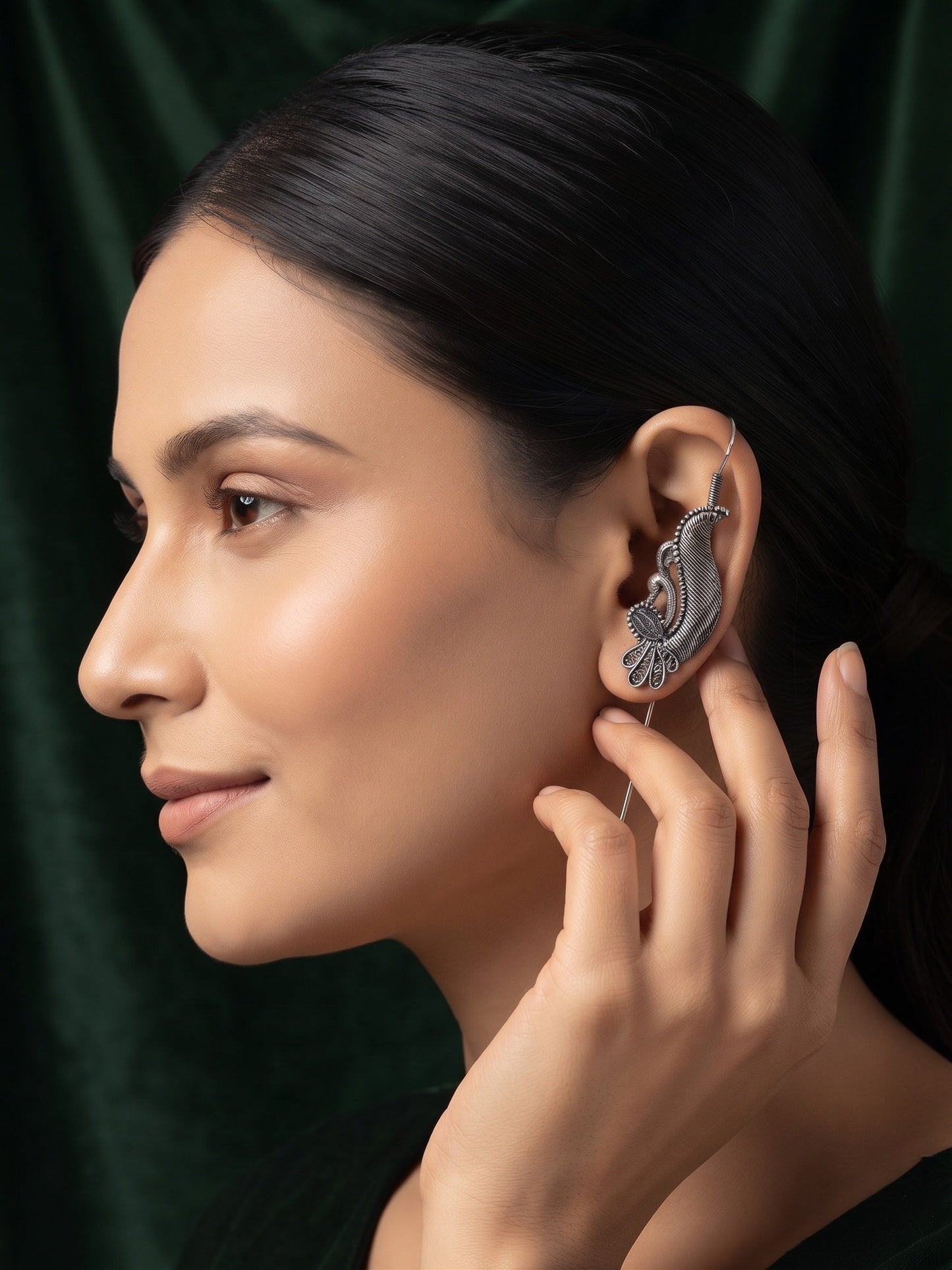 Silver Plated Oxidized Ethnic Design Ear Cuff